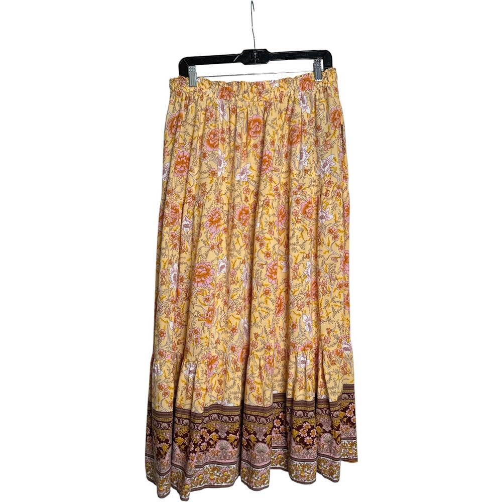 ZESICA XL Boho Floral Maxi Skirt Yellow Pink Border Print Rayon Tiered - Picture 5 of 9